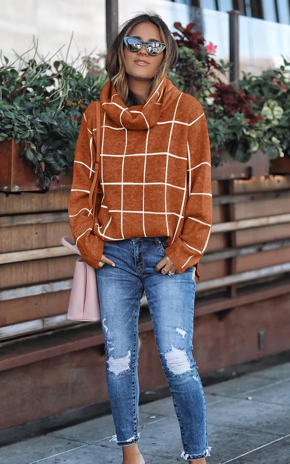 ECOWISH Women Fall Pullover Sweater Turtleneck Plaid Long Sleeve Loose Casual Chunky Checked Knit Winter Sweaters Jumper Tops