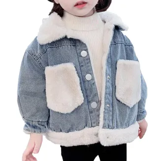 EISHOW Toddler Baby Girls Denim Jacket Faux Fur Collar Hooded Jean Coat Warm Thicken Fleece Lined Plush Jean Outwear Snowsuit