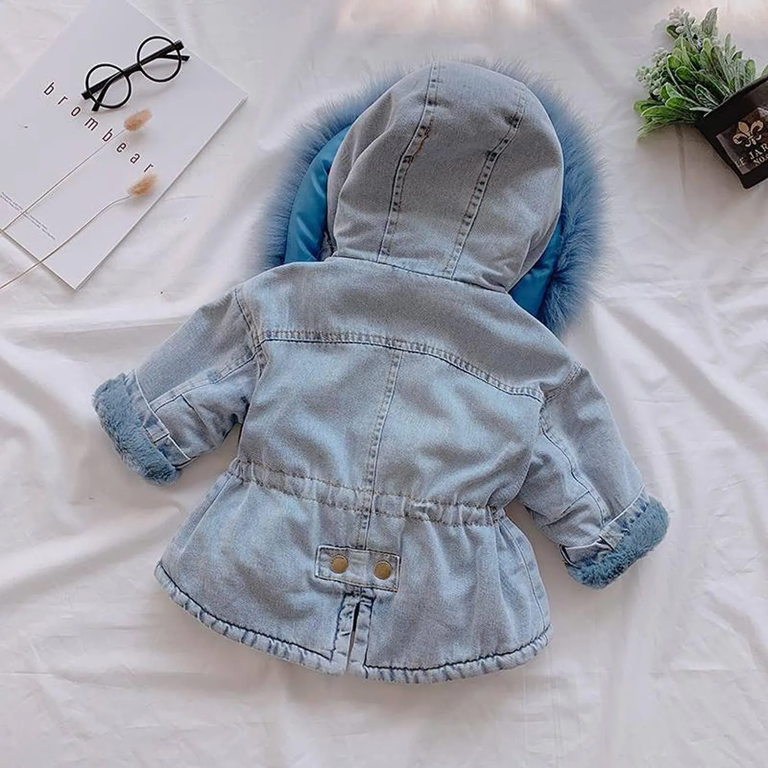 EISHOW Toddler Baby Girls Denim Jacket Faux Fur Collar Hooded Jean Coat Warm Thicken Fleece Lined Plush Jean Outwear Snowsuit