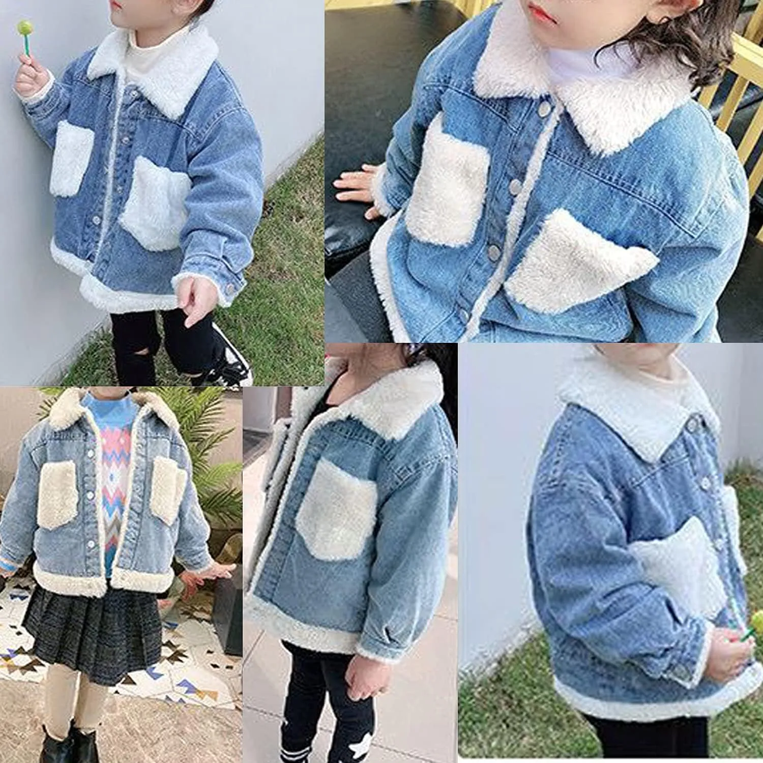 EISHOW Toddler Baby Girls Denim Jacket Faux Fur Collar Hooded Jean Coat Warm Thicken Fleece Lined Plush Jean Outwear Snowsuit