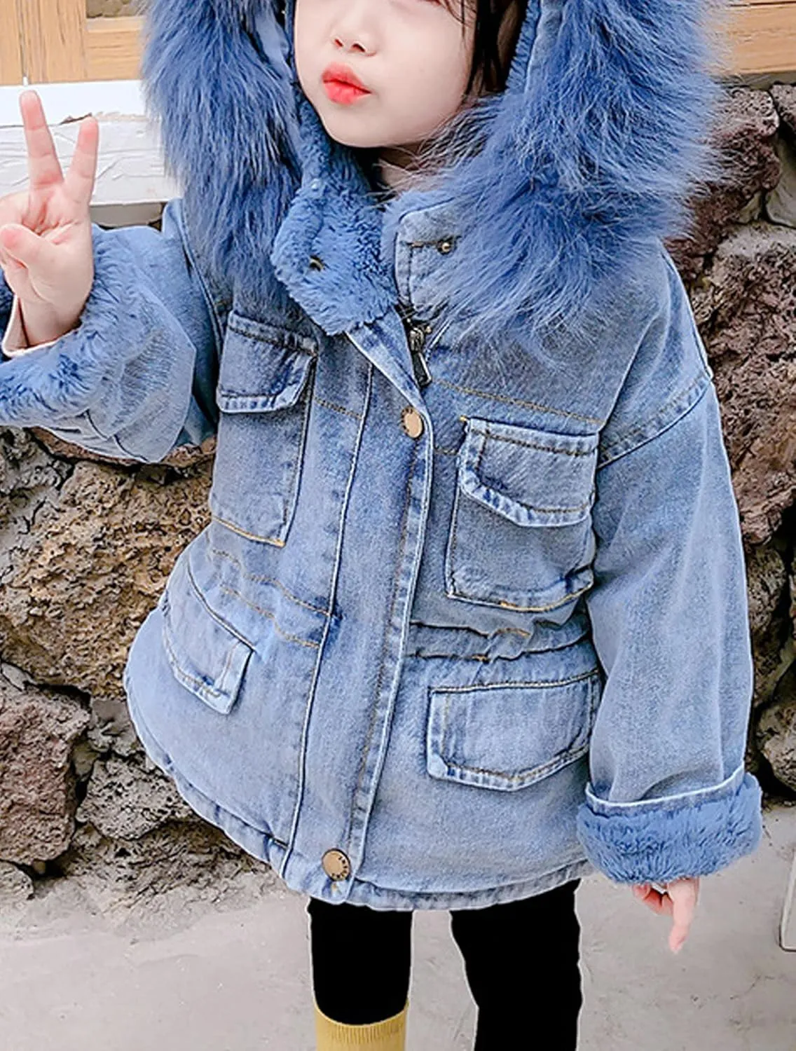 EISHOW Toddler Baby Girls Denim Jacket Faux Fur Collar Hooded Jean Coat Warm Thicken Fleece Lined Plush Jean Outwear Snowsuit