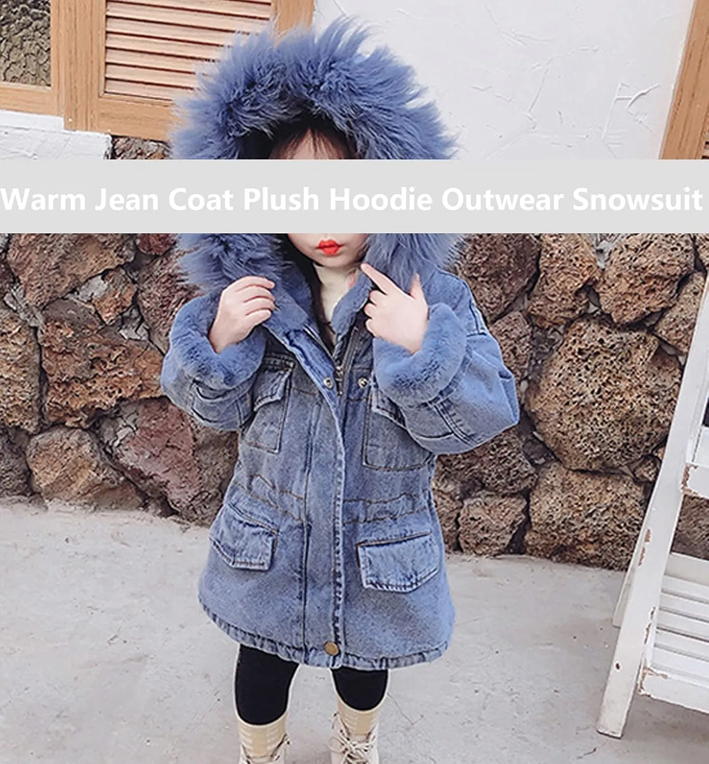 EISHOW Toddler Baby Girls Denim Jacket Faux Fur Collar Hooded Jean Coat Warm Thicken Fleece Lined Plush Jean Outwear Snowsuit