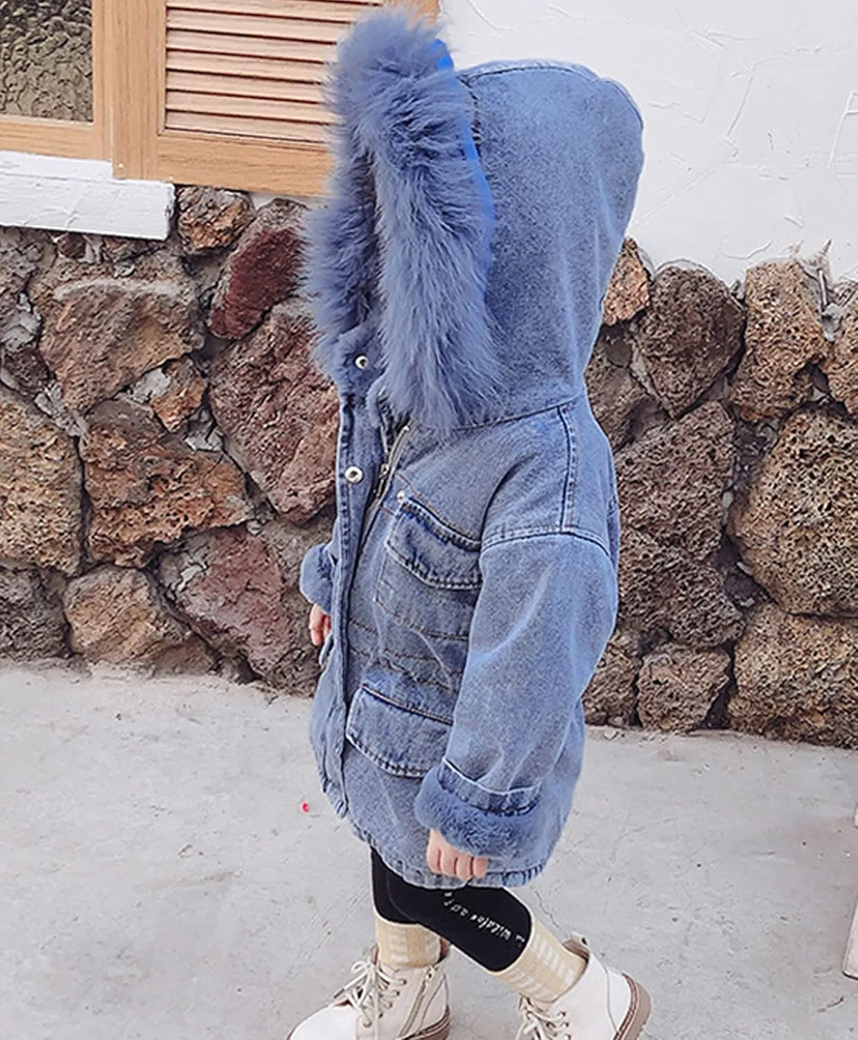 EISHOW Toddler Baby Girls Denim Jacket Faux Fur Collar Hooded Jean Coat Warm Thicken Fleece Lined Plush Jean Outwear Snowsuit