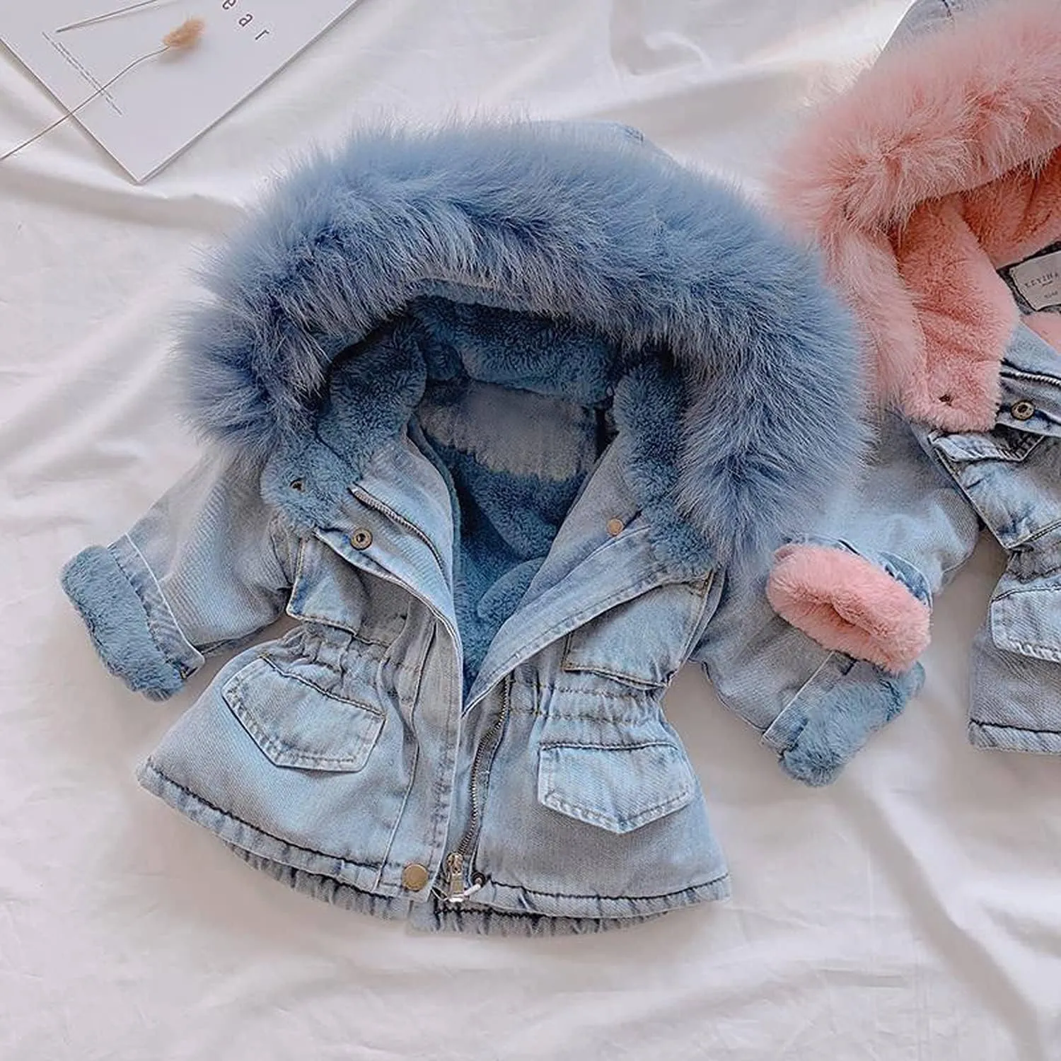 EISHOW Toddler Baby Girls Denim Jacket Faux Fur Collar Hooded Jean Coat Warm Thicken Fleece Lined Plush Jean Outwear Snowsuit