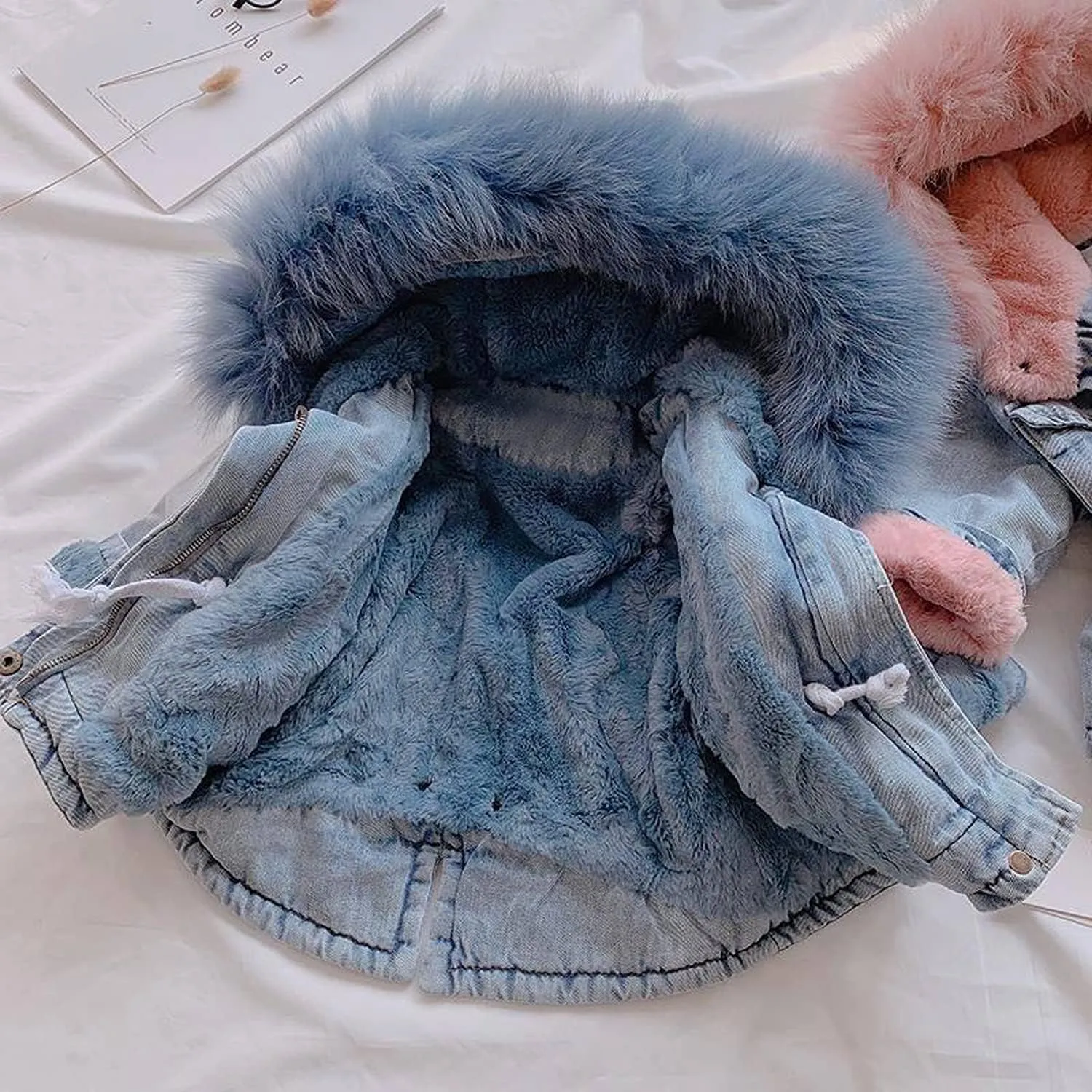 EISHOW Toddler Baby Girls Denim Jacket Faux Fur Collar Hooded Jean Coat Warm Thicken Fleece Lined Plush Jean Outwear Snowsuit