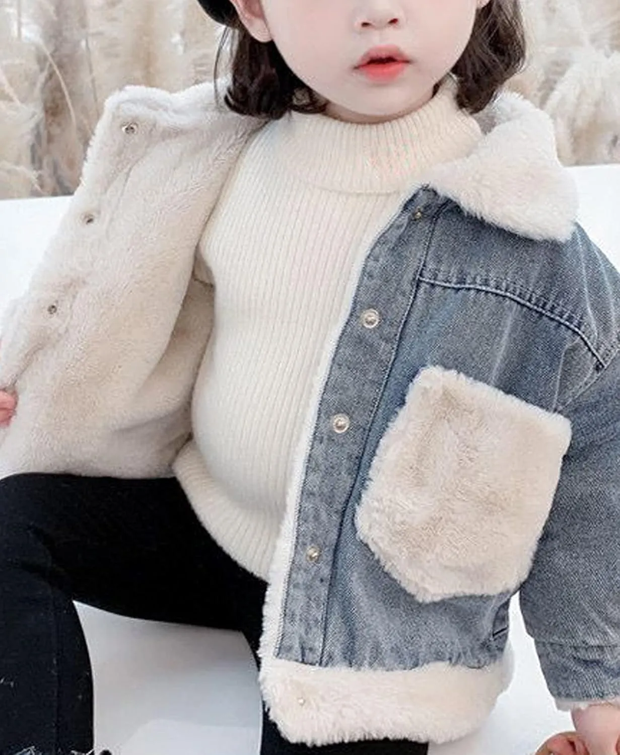 EISHOW Toddler Baby Girls Denim Jacket Faux Fur Collar Hooded Jean Coat Warm Thicken Fleece Lined Plush Jean Outwear Snowsuit