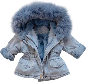 EISHOW Toddler Baby Girls Denim Jacket Faux Fur Collar Hooded Jean Coat Warm Thicken Fleece Lined Plush Jean Outwear Snowsuit