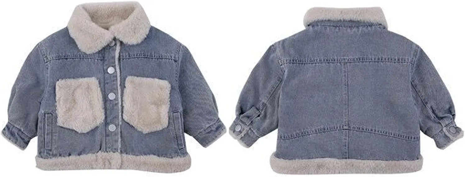 EISHOW Toddler Baby Girls Denim Jacket Faux Fur Collar Hooded Jean Coat Warm Thicken Fleece Lined Plush Jean Outwear Snowsuit