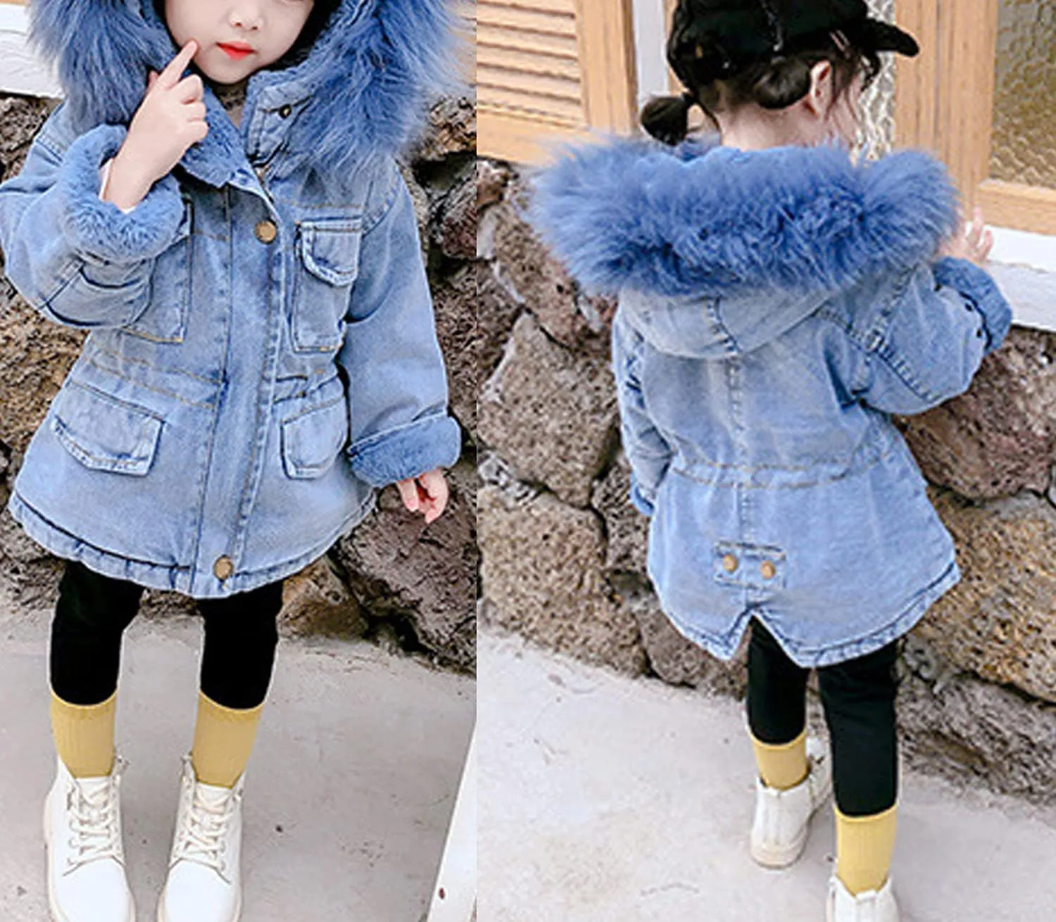 EISHOW Toddler Baby Girls Denim Jacket Faux Fur Collar Hooded Jean Coat Warm Thicken Fleece Lined Plush Jean Outwear Snowsuit