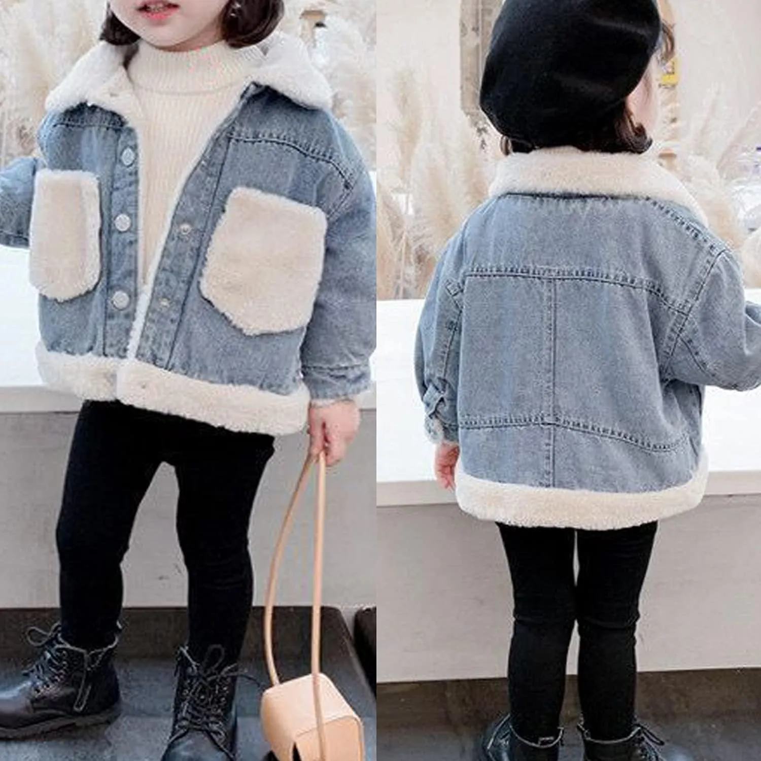 EISHOW Toddler Baby Girls Denim Jacket Faux Fur Collar Hooded Jean Coat Warm Thicken Fleece Lined Plush Jean Outwear Snowsuit