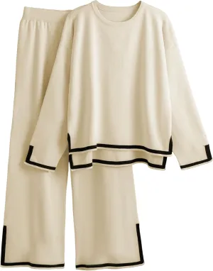 Faleave Women's Knit 2 Piece Outfits Long Sleeve Sweater Pullover Tops Wide Leg Pants Tracksuits Lounge Set