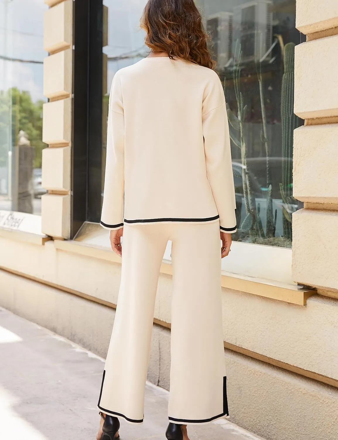 Faleave Women's Knit 2 Piece Outfits Long Sleeve Sweater Pullover Tops Wide Leg Pants Tracksuits Lounge Set
