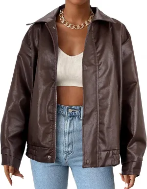 Faux Leather Jacket Women Brown Pleather Bomber Jacket Oversized Leather Blazer Motorcycle Jacket Biker Jacket Winter Coat Coffee S