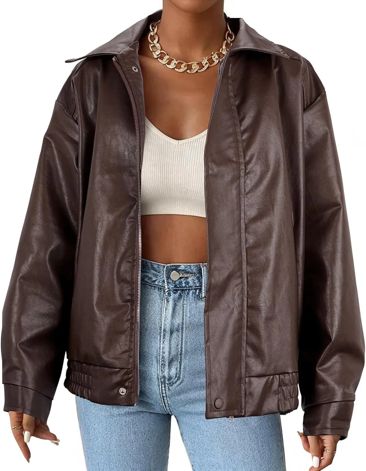 Faux Leather Jacket Women Brown Pleather Bomber Jacket Oversized Leather Blazer Motorcycle Jacket Biker Jacket Winter Coat Coffee S