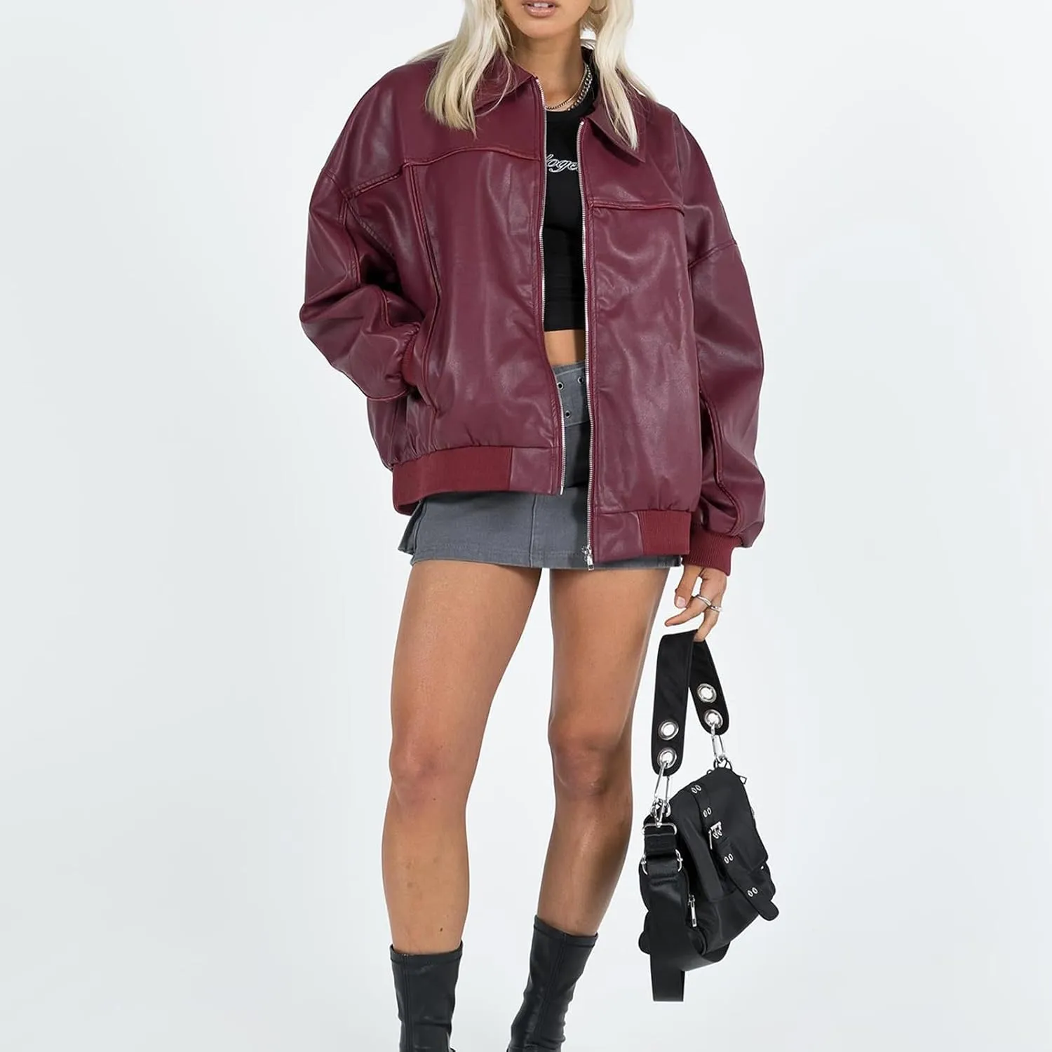 FEORJGP Womens PU Leather Biker Jacket Coat Windbreaker Faux Fur Jacket Outerwear Coat Motorcycle Jacket Y2K 90s Streetwear