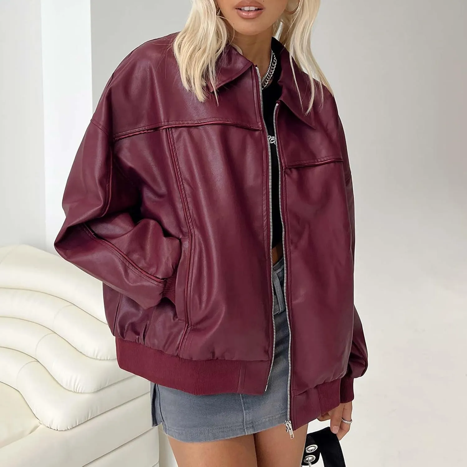 FEORJGP Womens PU Leather Biker Jacket Coat Windbreaker Faux Fur Jacket Outerwear Coat Motorcycle Jacket Y2K 90s Streetwear
