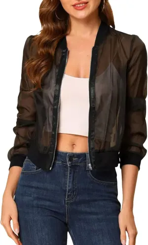 Fisoew Women's Crop Mesh Sheer Bomber Jackets Lightweight Long Sleeve Zip Up Jacket Outwear