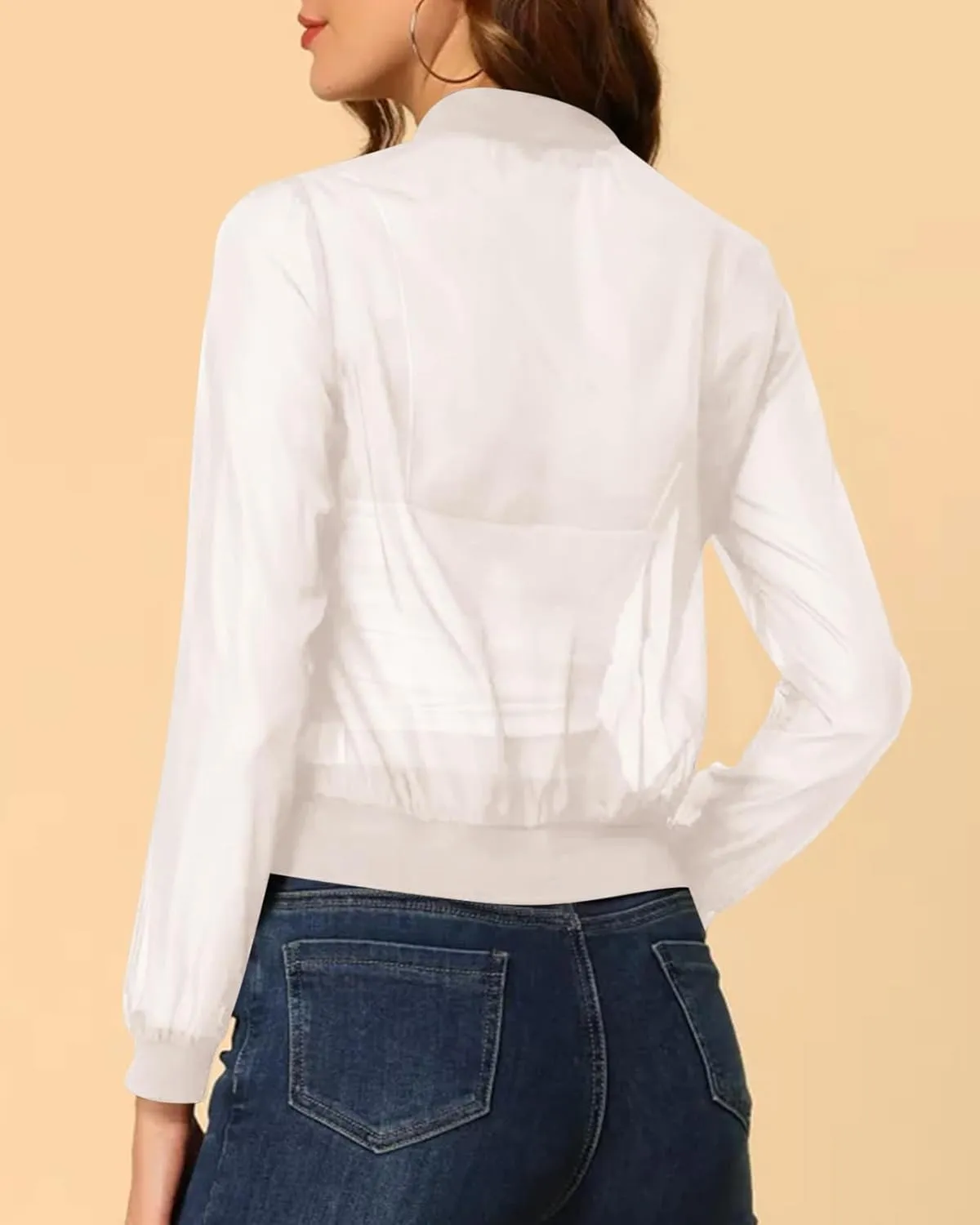 Fisoew Women's Crop Mesh Sheer Bomber Jackets Lightweight Long Sleeve Zip Up Jacket Outwear