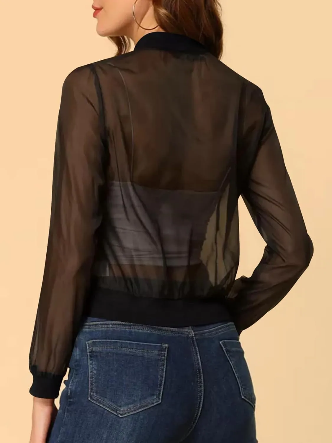 Fisoew Women's Crop Mesh Sheer Bomber Jackets Lightweight Long Sleeve Zip Up Jacket Outwear