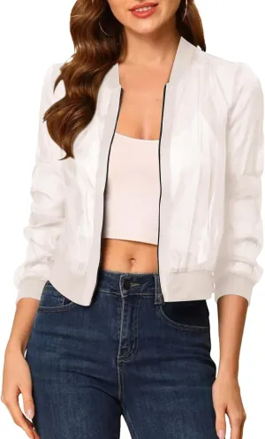 Fisoew Women's Crop Mesh Sheer Bomber Jackets Lightweight Long Sleeve Zip Up Jacket Outwear