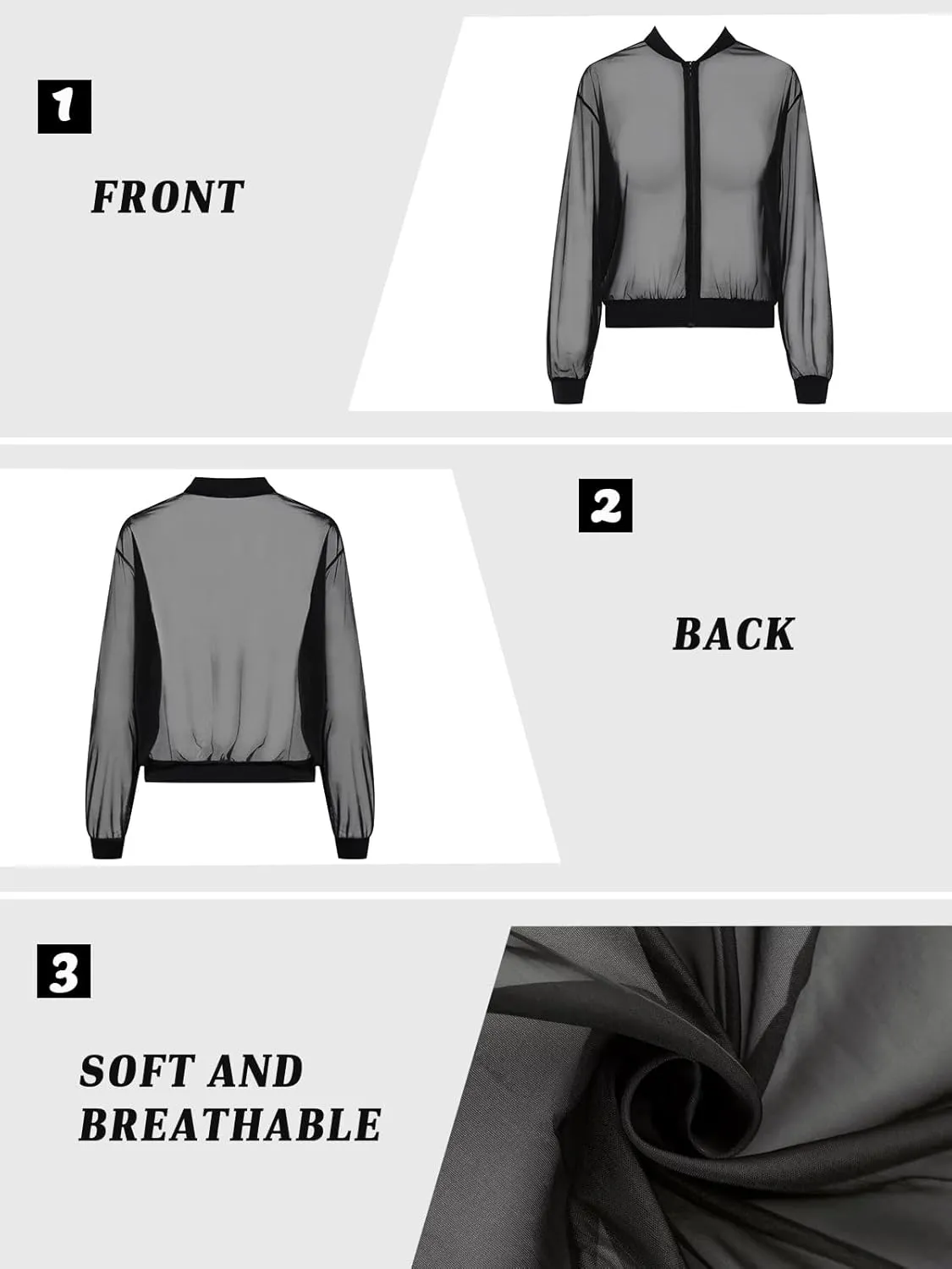 Fisoew Women's Crop Mesh Sheer Bomber Jackets Lightweight Long Sleeve Zip Up Jacket Outwear