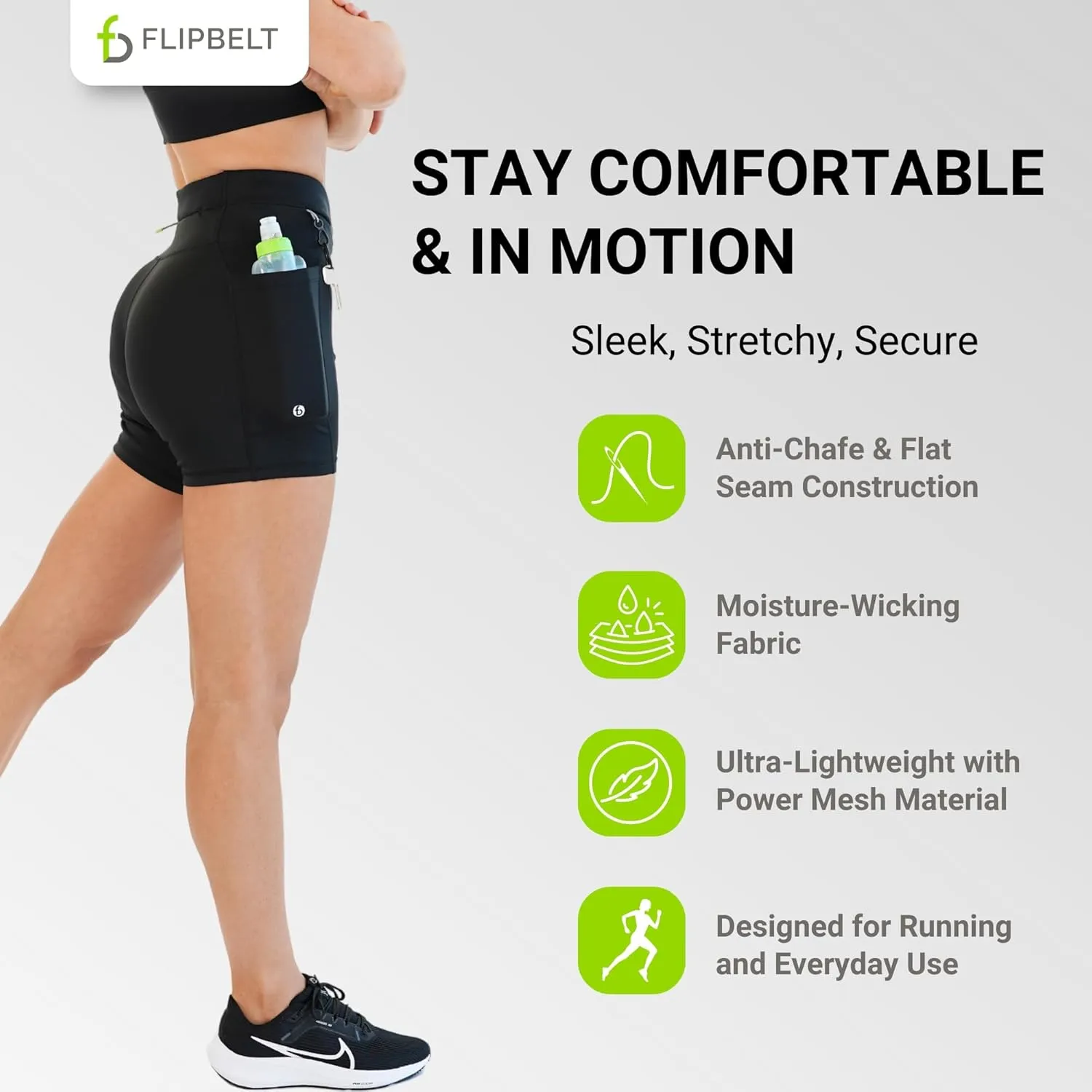 FlipBelt Womens High Waisted Compression Biker Shorts with Pockets for Women, Workout Fitness Running Shorts for Gym, Biking