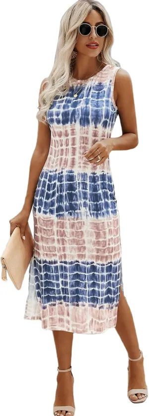 Floerns Women's Casual Tie Dye Sleeveless Split Thigh Tank Top Midi Dress