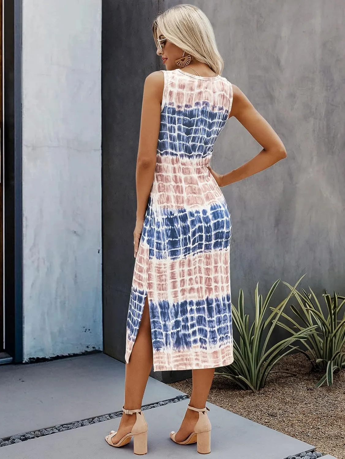 Floerns Women's Casual Tie Dye Sleeveless Split Thigh Tank Top Midi Dress