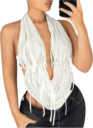 Floerns Women's Draped Front Split Tank Top Backless Sleeveless Distressed Halter Tops