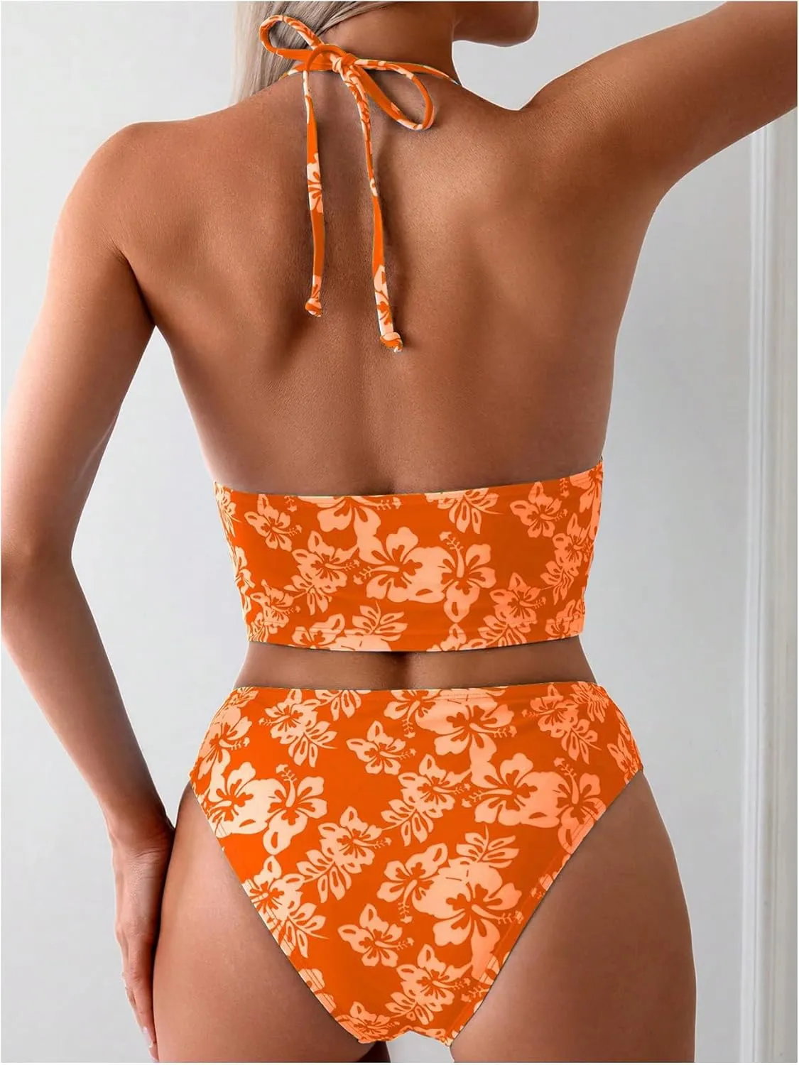 Floerns Women's Floral Print Halter Neck Tankini Top Two Piece Bathing Swimsuit
