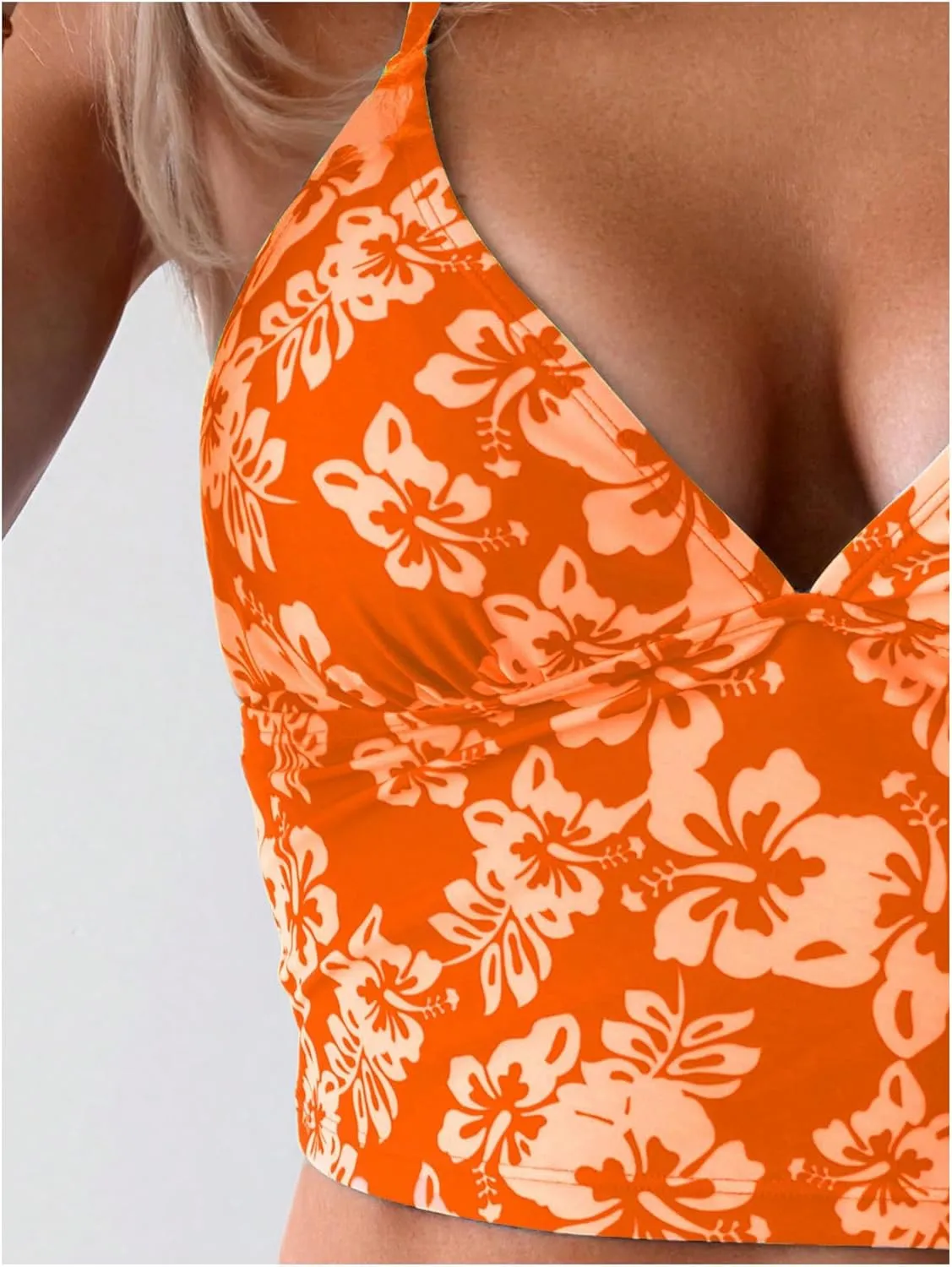 Floerns Women's Floral Print Halter Neck Tankini Top Two Piece Bathing Swimsuit