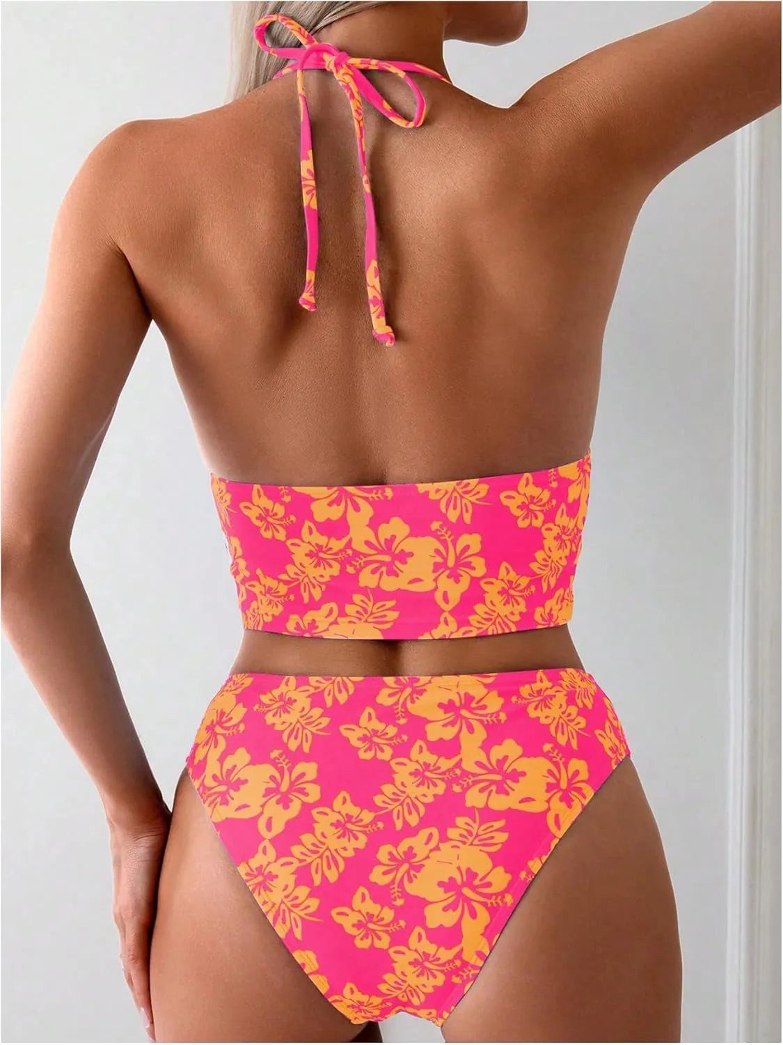 Floerns Women's Floral Print Halter Neck Tankini Top Two Piece Bathing Swimsuit