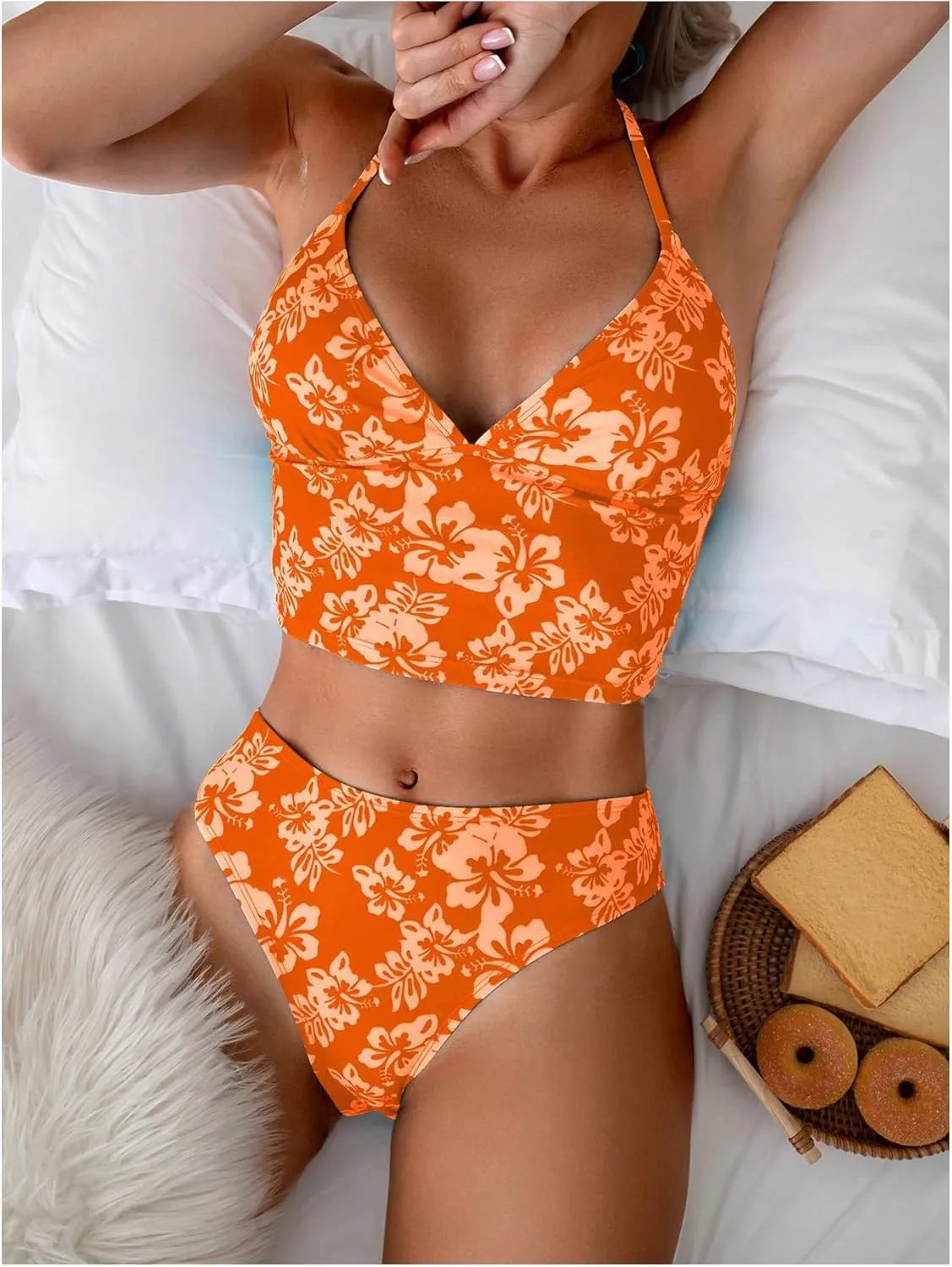 Floerns Women's Floral Print Halter Neck Tankini Top Two Piece Bathing Swimsuit
