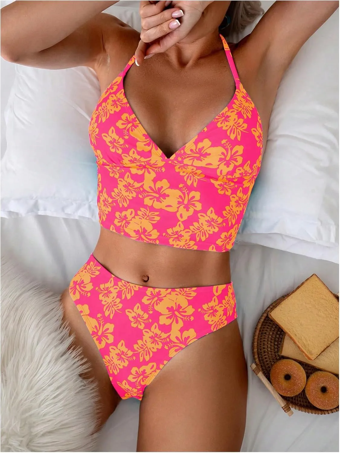 Floerns Women's Floral Print Halter Neck Tankini Top Two Piece Bathing Swimsuit