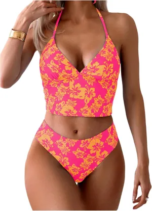 Floerns Women's Floral Print Halter Neck Tankini Top Two Piece Bathing Swimsuit