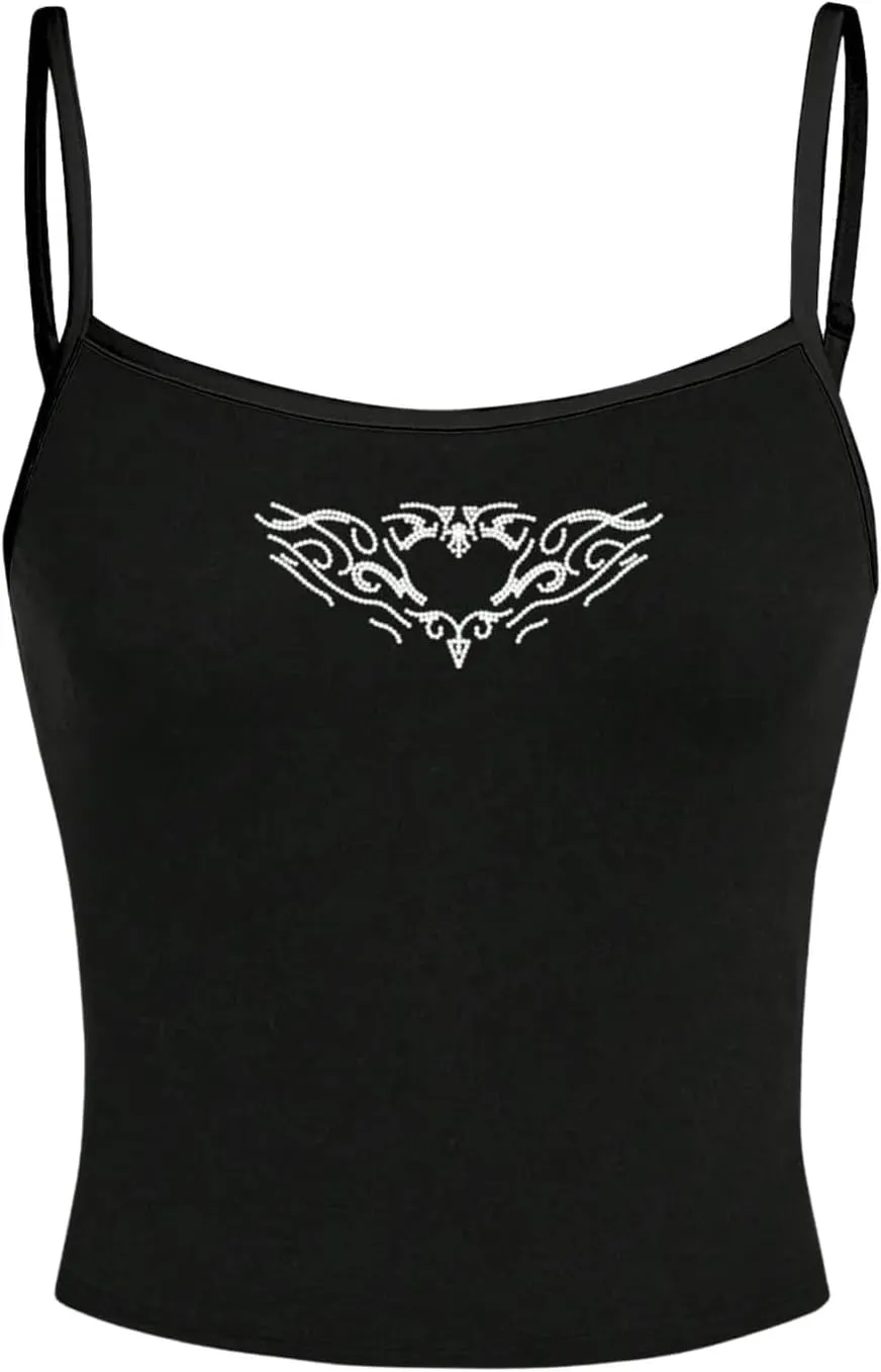 Floerns Women's Goth Sleeveless Camisole Rhinestone Rib Knit Y2k Crop Cami Top