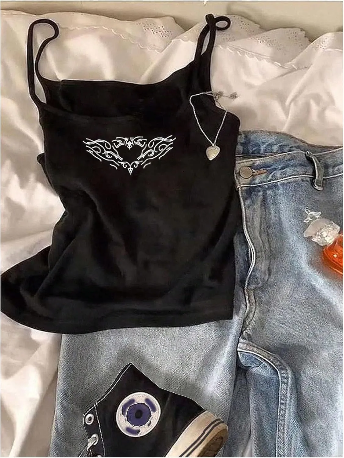 Floerns Women's Goth Sleeveless Camisole Rhinestone Rib Knit Y2k Crop Cami Top