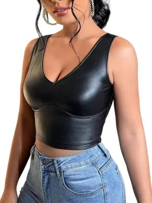 Floerns Women's PU Leather V Neck Solid Sleeveless Camisole Crop Tank Top
