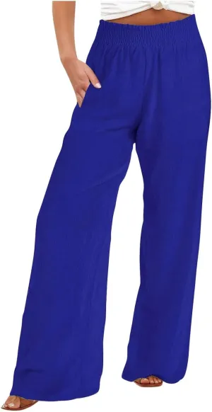 Flowy Pants for Women Summer Trendy Lightweight Cotton Linen Pants Casual Elastic Waist Wide Leg Trousers