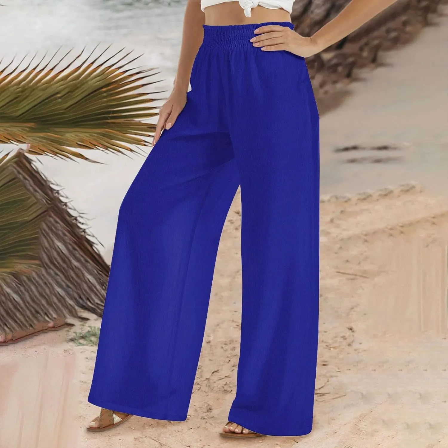 Flowy Pants for Women Summer Trendy Lightweight Cotton Linen Pants Casual Elastic Waist Wide Leg Trousers