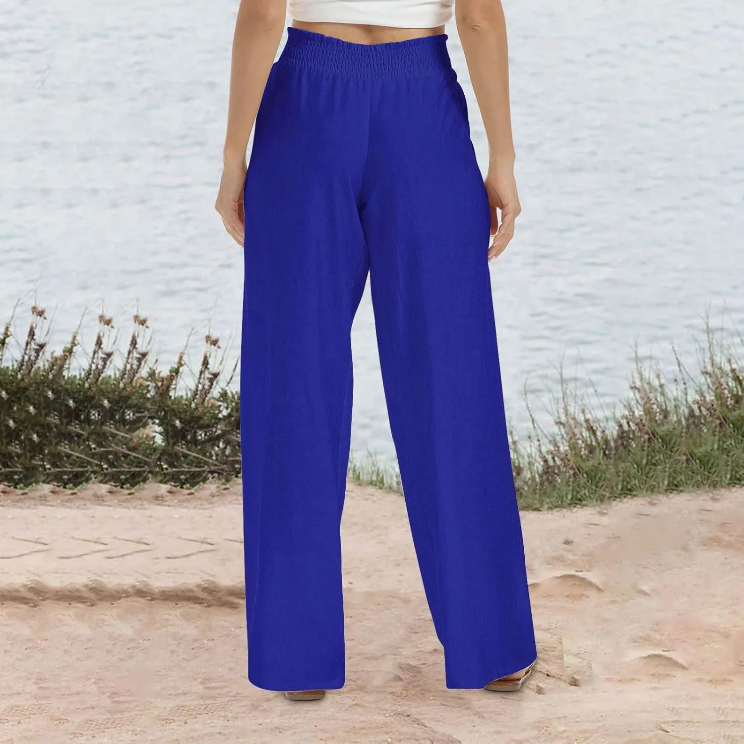 Flowy Pants for Women Summer Trendy Lightweight Cotton Linen Pants Casual Elastic Waist Wide Leg Trousers