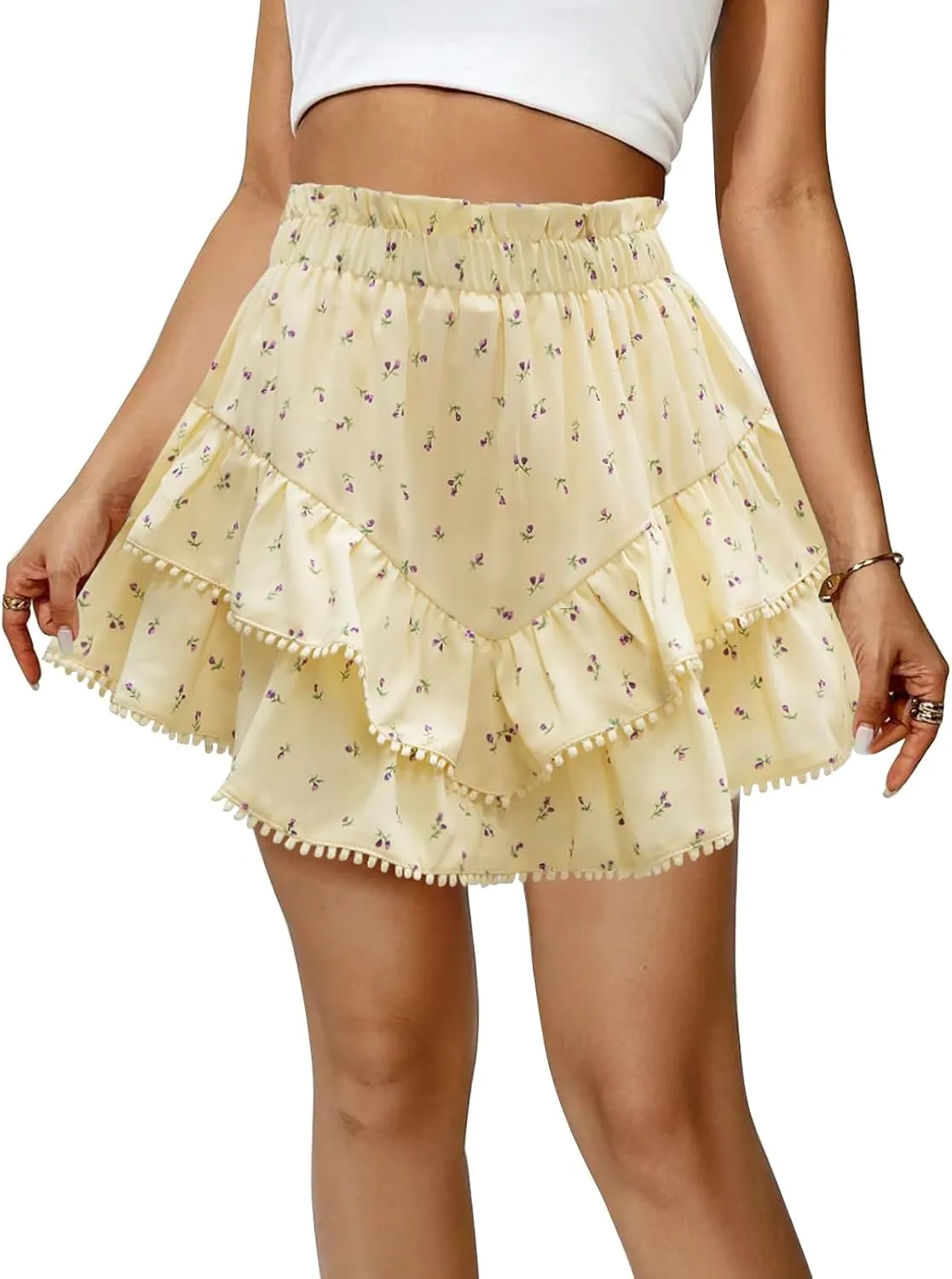 Flowy Shorts for Women Casual Boho Skorts Floral Ruffle Tiered High Waist Flared Mini Skirts Tennis Golf Shorts