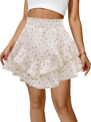 Flowy Shorts for Women Casual Boho Skorts Floral Ruffle Tiered High Waist Flared Mini Skirts Tennis Golf Shorts