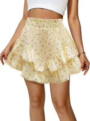 Flowy Shorts for Women Casual Boho Skorts Floral Ruffle Tiered High Waist Flared Mini Skirts Tennis Golf Shorts