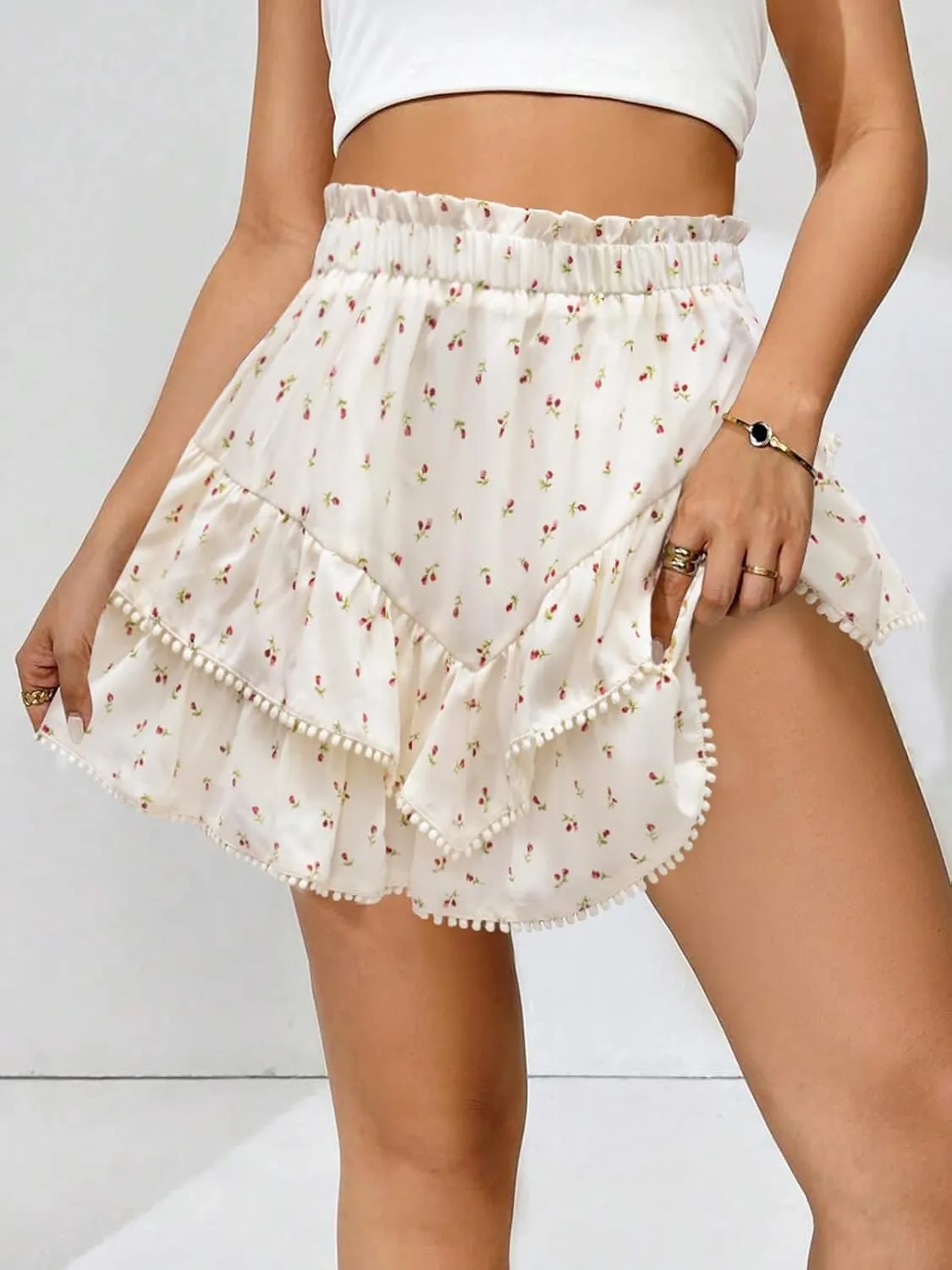 Flowy Shorts for Women Casual Boho Skorts Floral Ruffle Tiered High Waist Flared Mini Skirts Tennis Golf Shorts