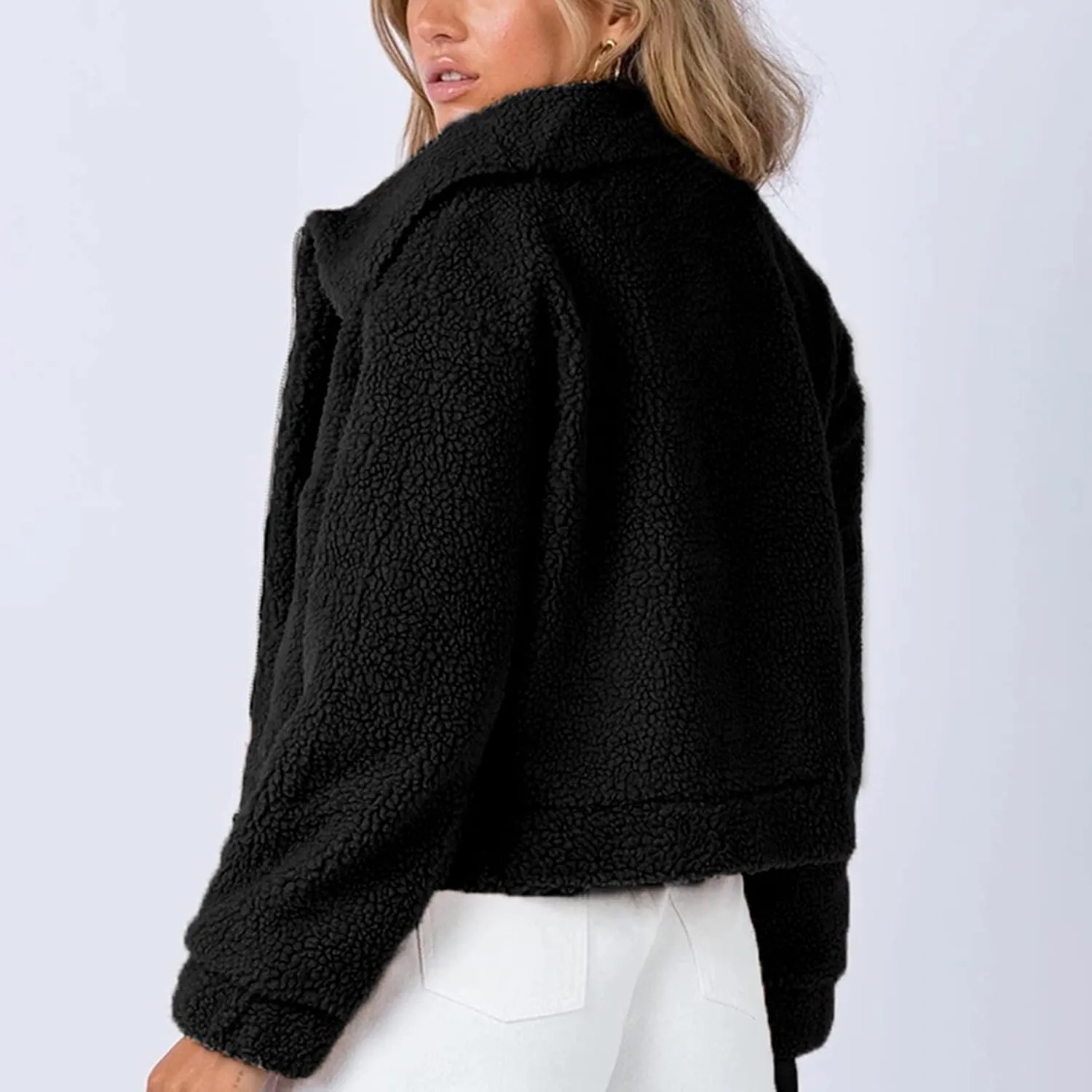 Flygo Womens Cropped Zip Up Lapel Shaggy Teddy Fleece Jacket Faux Fur Coat