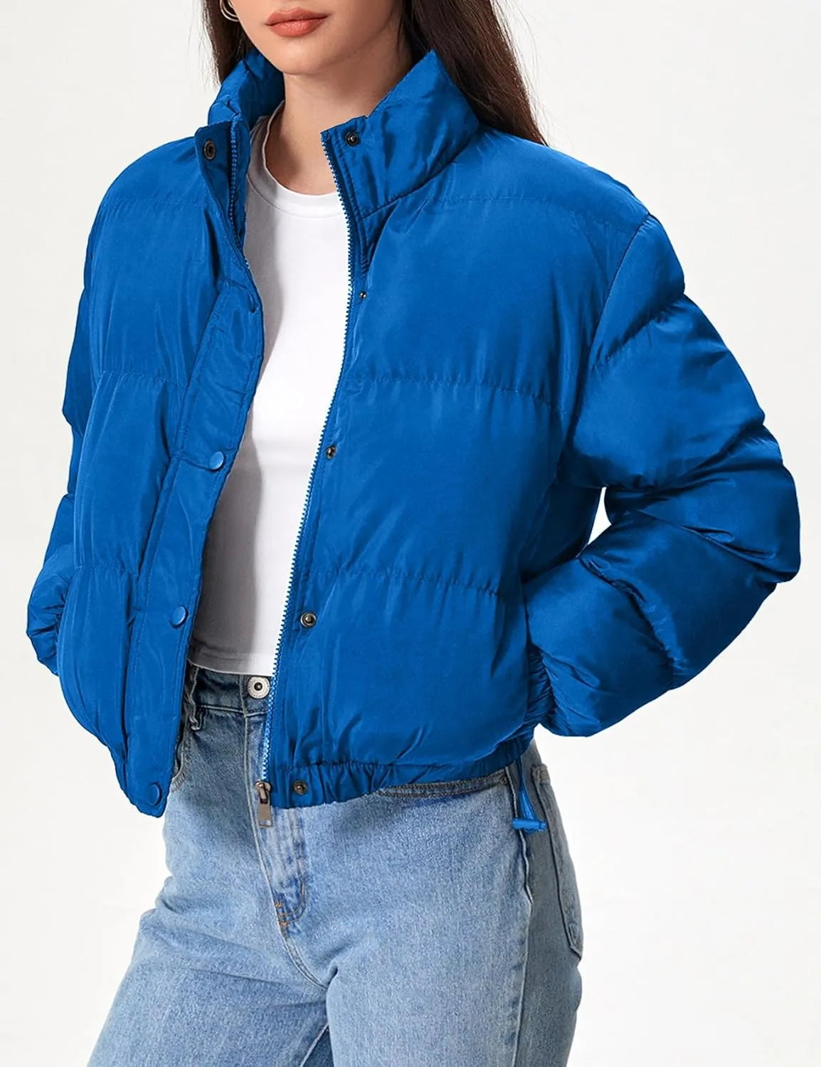 Flygo Womens Lightweight Quilted Jacket Long Sleeve Stand Collar Zipper Cropped Puffer Jacket Warm Winter Coat
