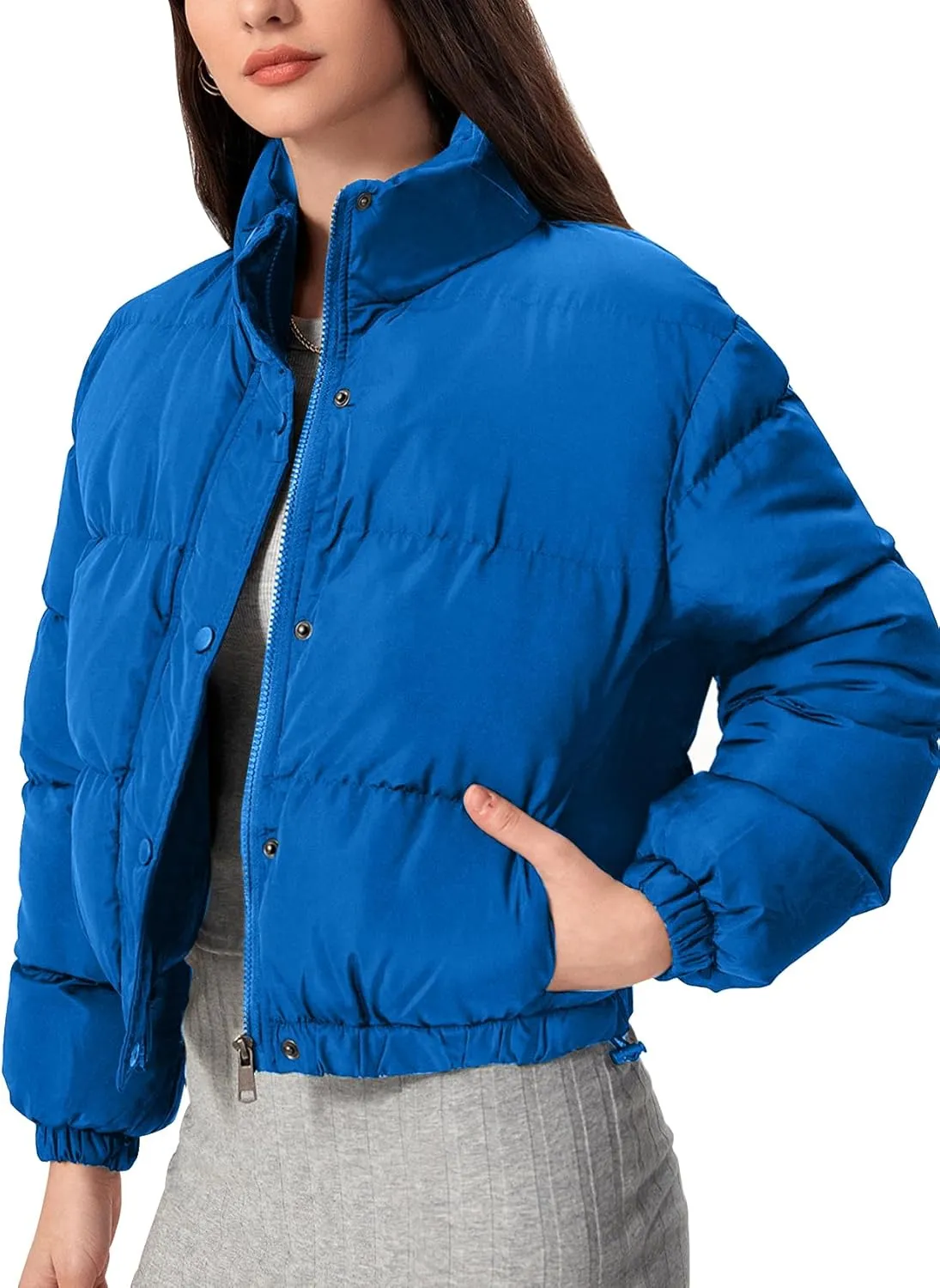 Flygo Womens Lightweight Quilted Jacket Long Sleeve Stand Collar Zipper Cropped Puffer Jacket Warm Winter Coat