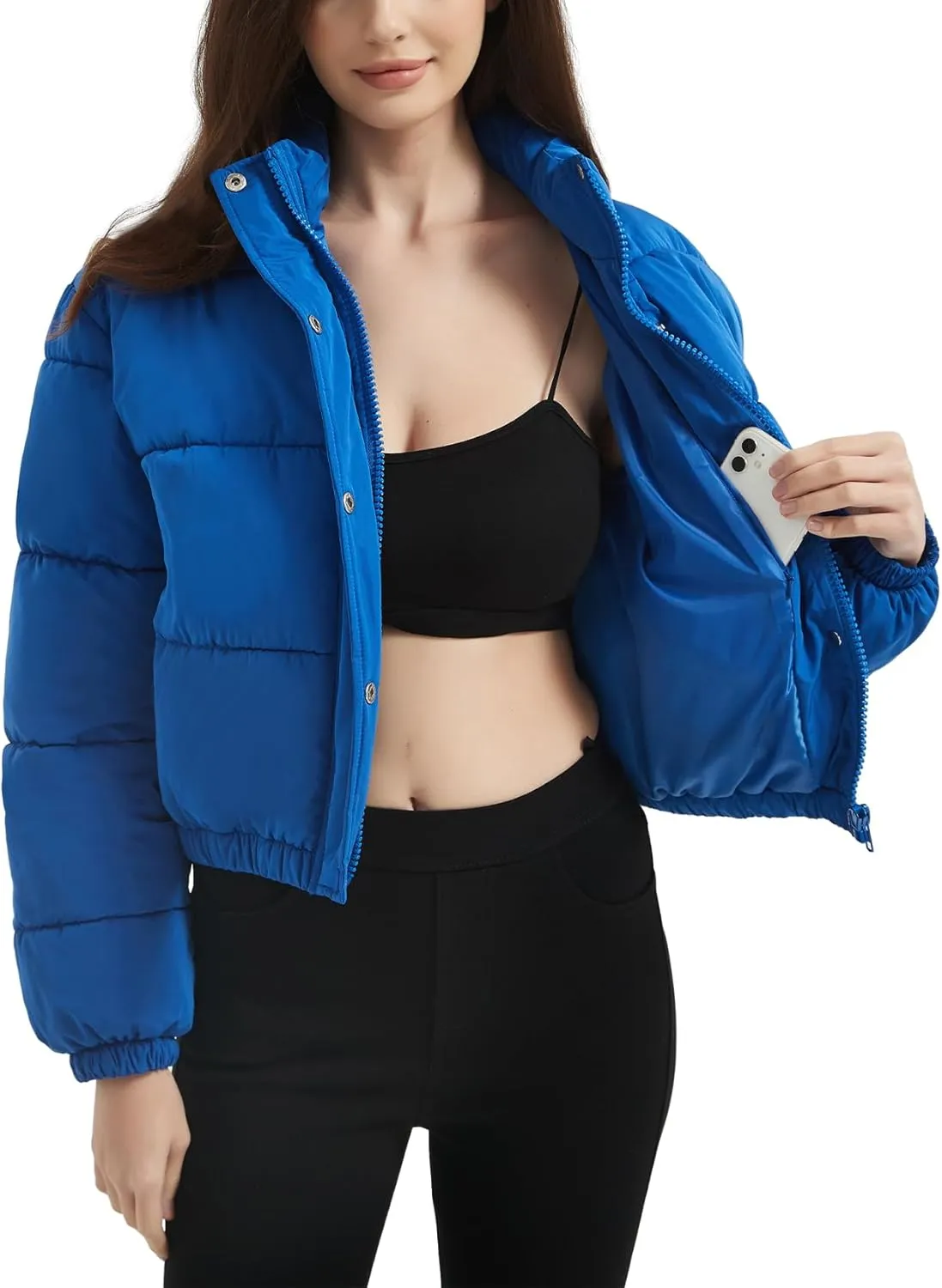 Flygo Womens Lightweight Quilted Jacket Long Sleeve Stand Collar Zipper Cropped Puffer Jacket Warm Winter Coat