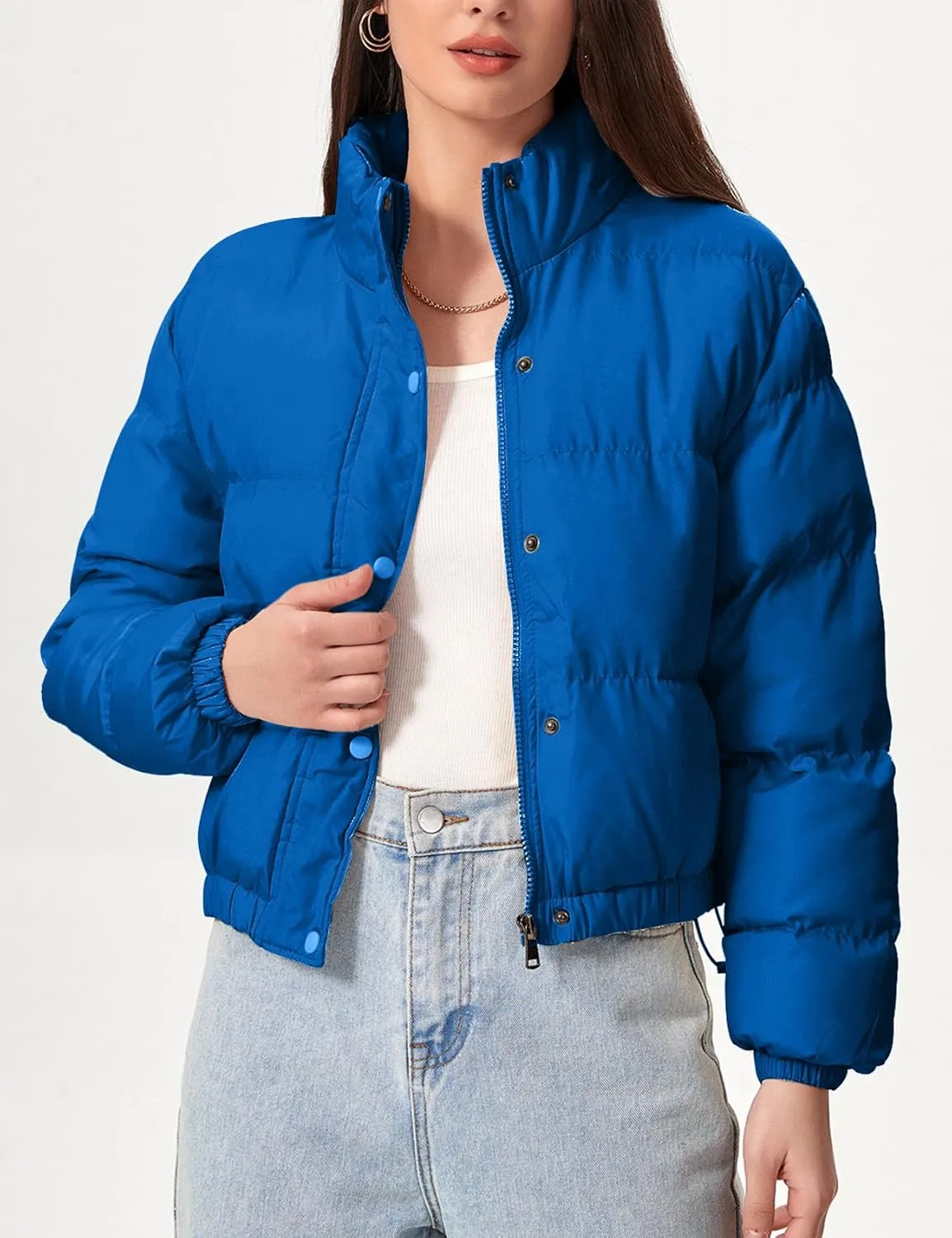 Flygo Womens Lightweight Quilted Jacket Long Sleeve Stand Collar Zipper Cropped Puffer Jacket Warm Winter Coat